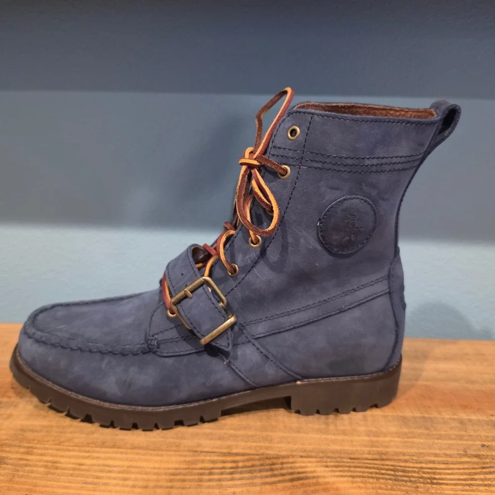 Polo Ralph Lauren Mens Ranger Boots Navy Blue Nubuck Leather Buckle Strap 9.5